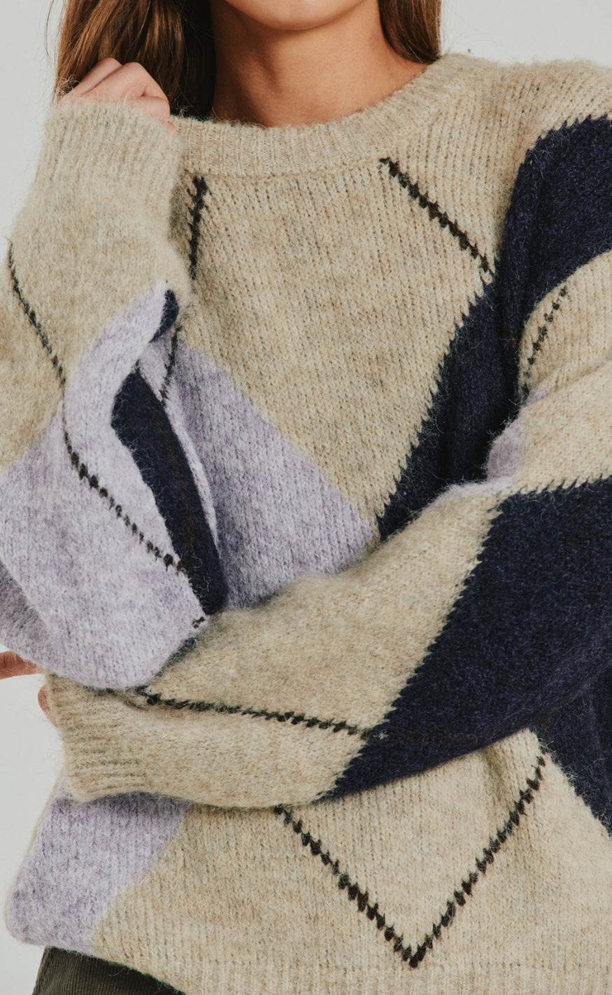 Freequent Genser - Grslulu Argyle - Oyster Grey Mel w. Iris Mel.